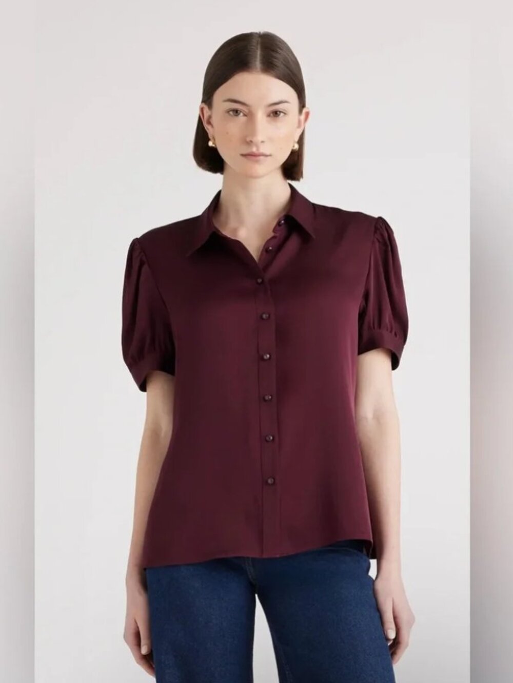 Quince Washable Stretch Silk Blend Puff Sleeve Wine Tasting Blouse Size M